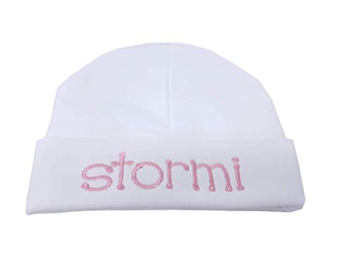 Newborn Girl's White Hat with Purple and Turquoise Script Name Personalized Beanie with Bow - EMbroidery