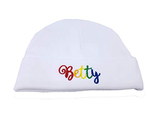 Newborn Girl's White Hat with Rainbow Script Name Personalized Beanie with Bow - Embroidery