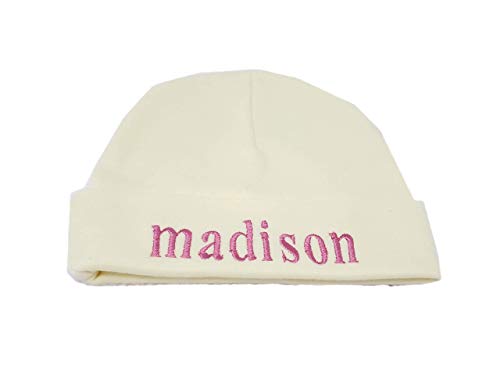Newborn Girl's Yellow Hat with Pink Name Personalized Beanie with Bow - Embroidery