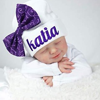 Newborn Girl's White Hat with Purple Script Name Personalized Beanie with Bow - Embroidery