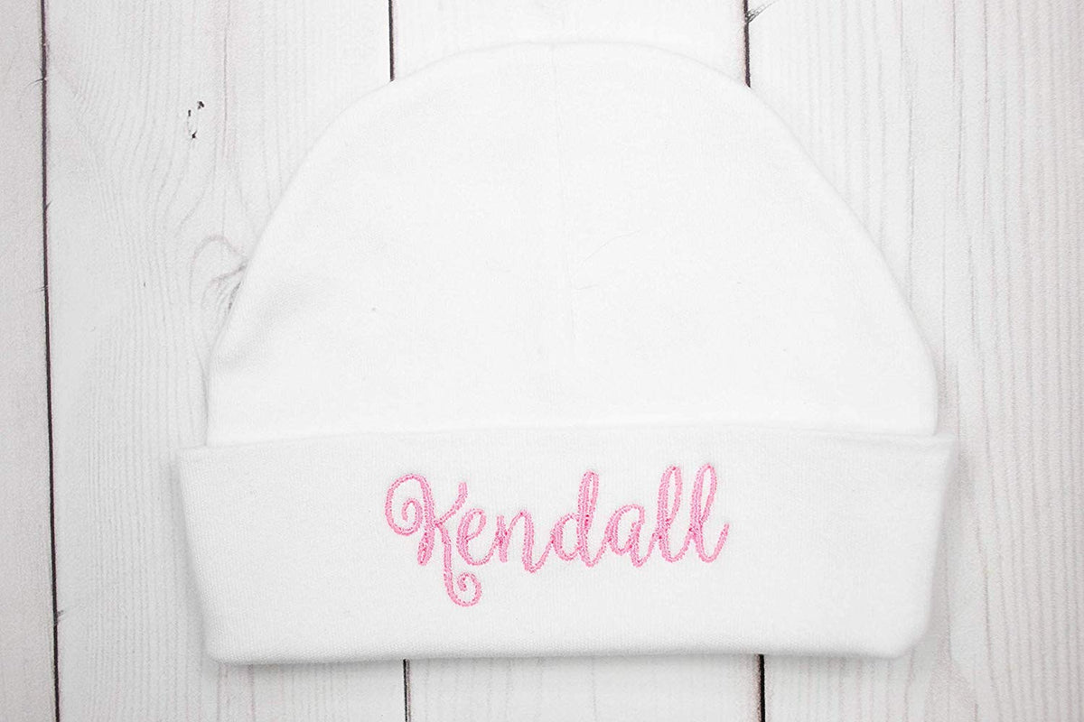 Newborn Girl's White Hat with Pink Script Name Personalized Beanie with Bow - Embroidery