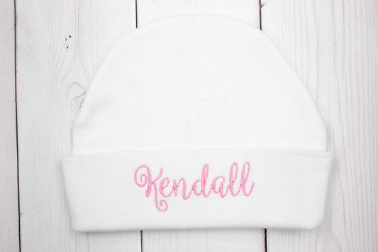 Newborn Girl's White Hat with Pink Script Name Personalized Beanie with Bow - Embroidery