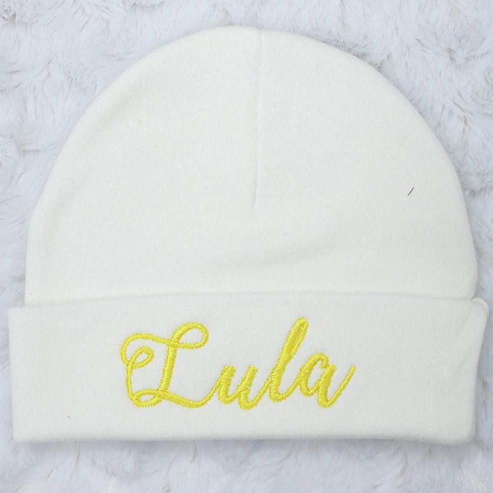 Newborn Girl's White Hat with Yellow Name Personalized Beanie - Embroidery