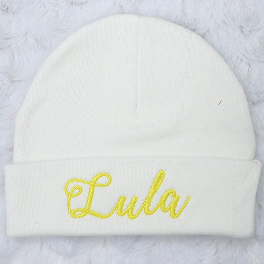 Newborn Girl's White Hat with Yellow Name Personalized Beanie - Embroidery