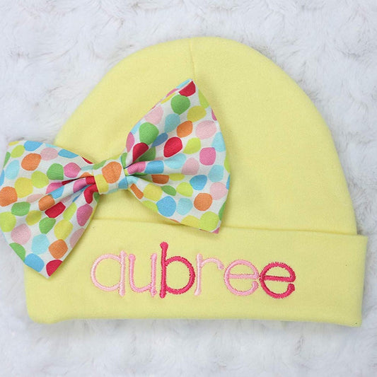 Newborn Girl's Yellow Hat with Pink Name and Multi Color Polka Dot Bow Personalized Beanie - Embroidery